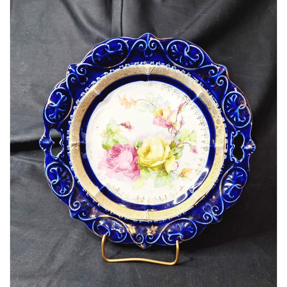 Antique Cobalt Blue Porcelain Cabinet Plate Gold Gilt Floral Roses Embossed 9.5"